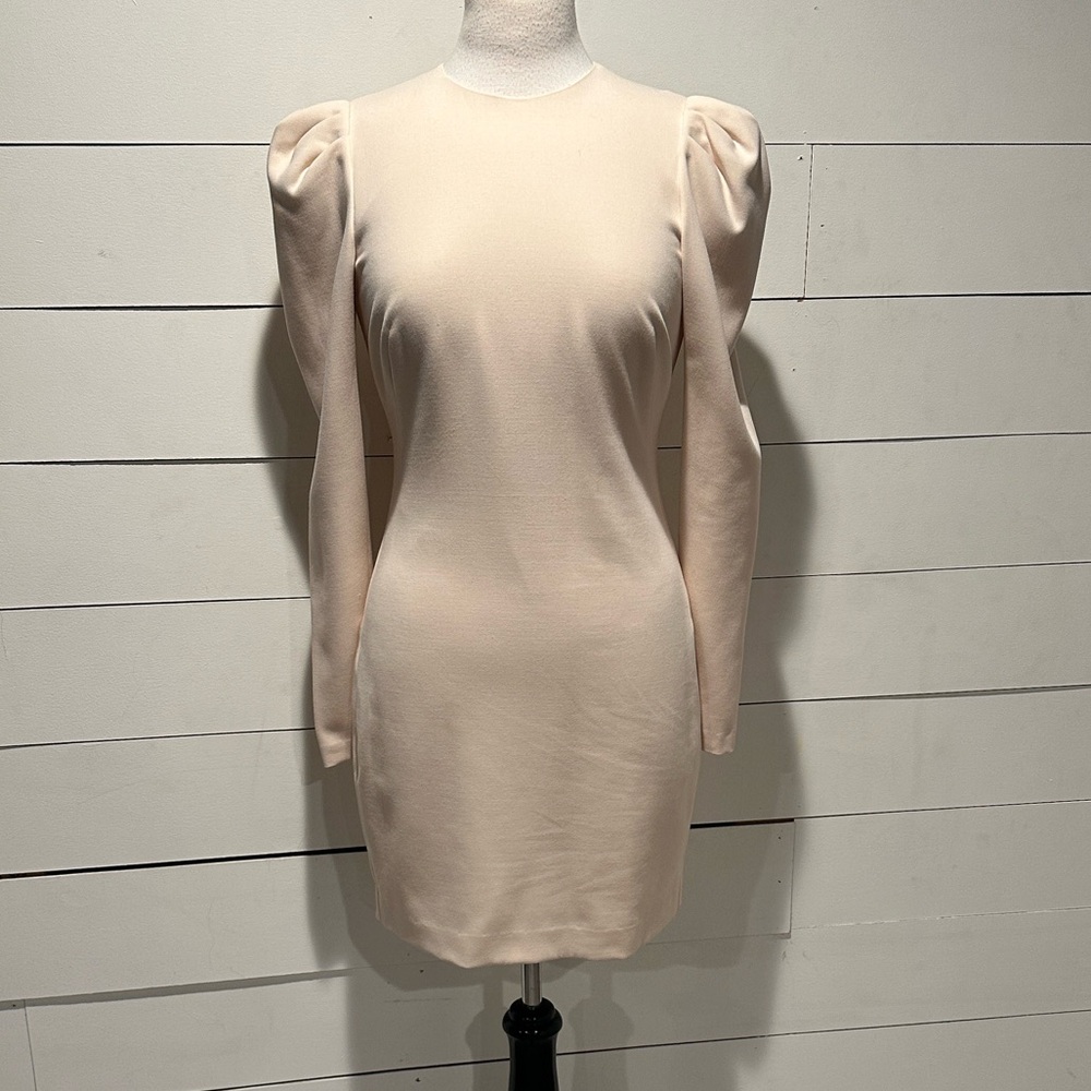 Black Halo Apricot Beige Long Sleeve Dress Puff Sleeve